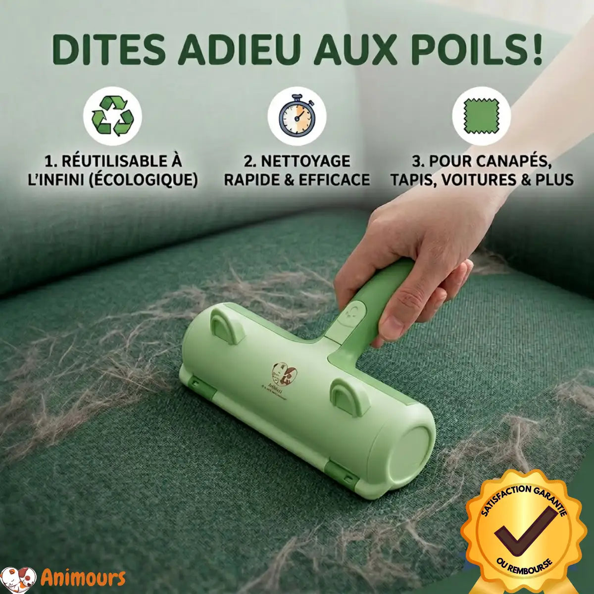 Brosse Anti-Poils Animours réutilisable pour enlever poils sur canapés, tapis et textiles