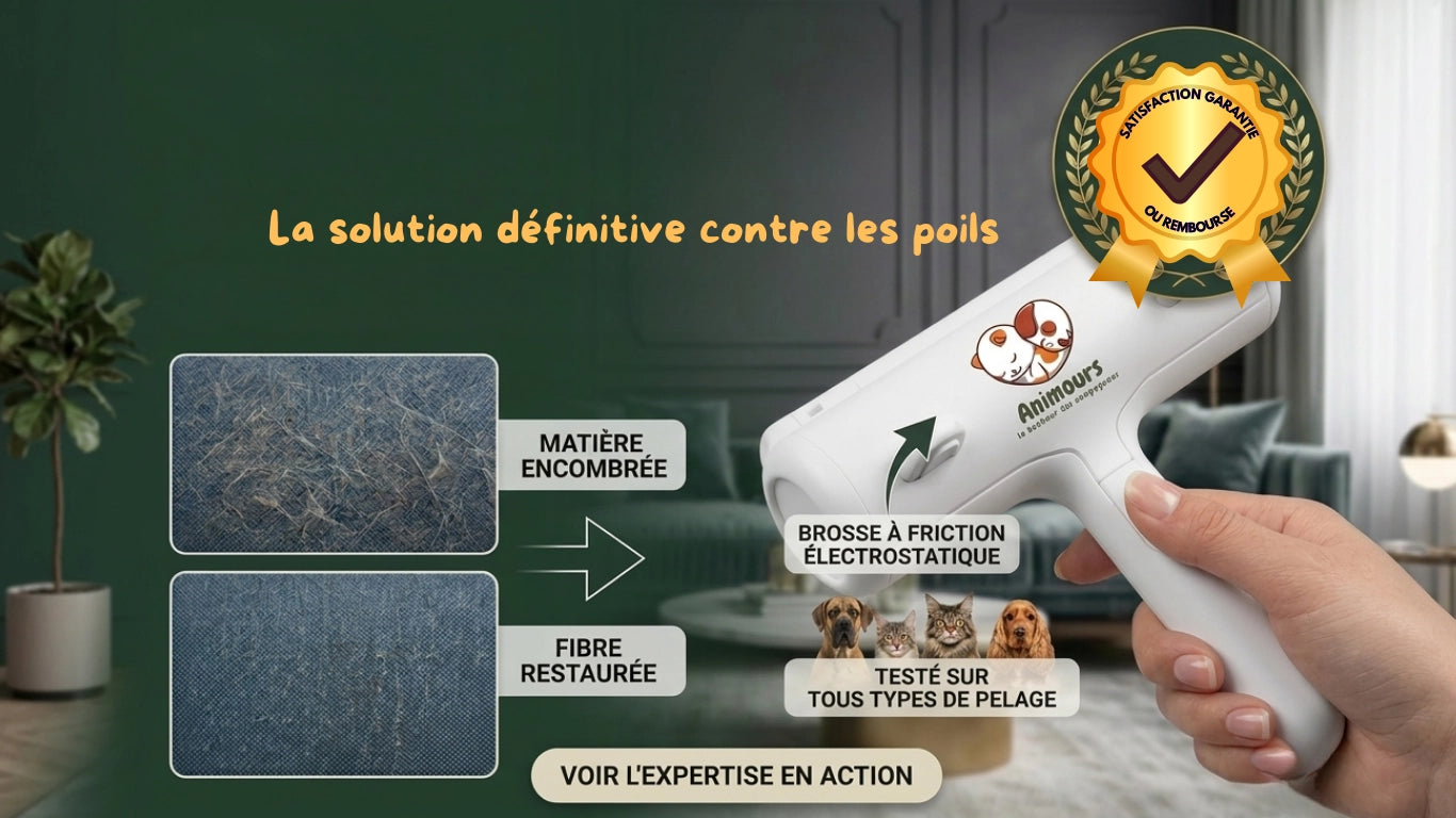 Brosse magique Animours : nettoyez instantanément les poils d'animaux sur vos canapés et tapis. Solution écologique et réutilisable.