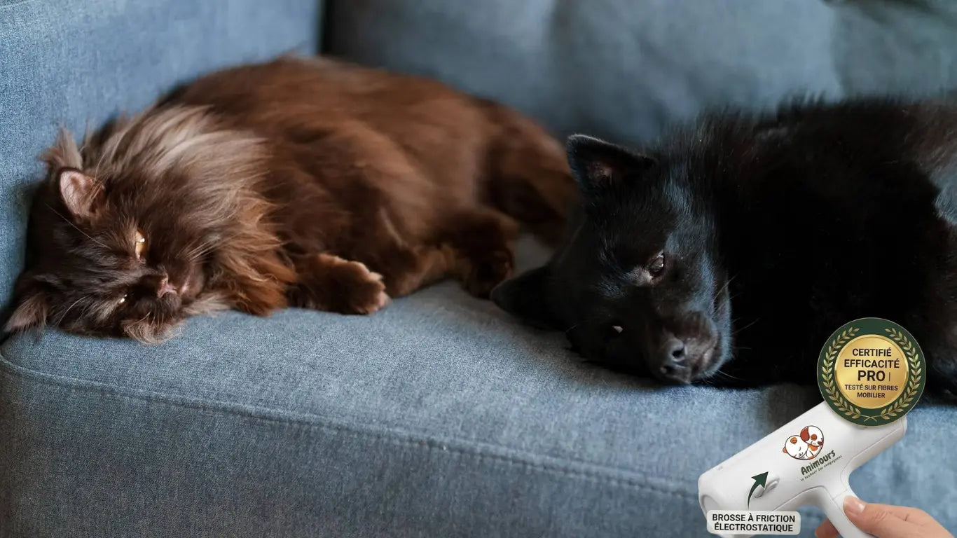 Brosse à friction électrostatique Animours testée sur fibres mobilières pour un intérieur sain avec chiens et chats.
